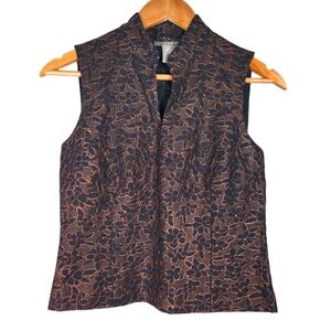 Kenar NWT Shiny Floral Sleeveless Top Black Brown Size 2 Partial Zip On Side